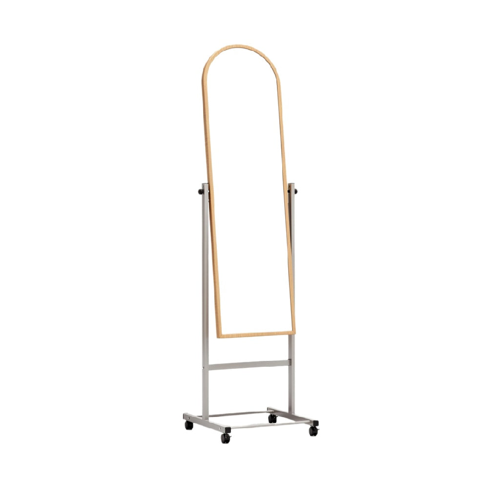 Free-Standing Arched Mirror with Wooden Frame and Rolling Base